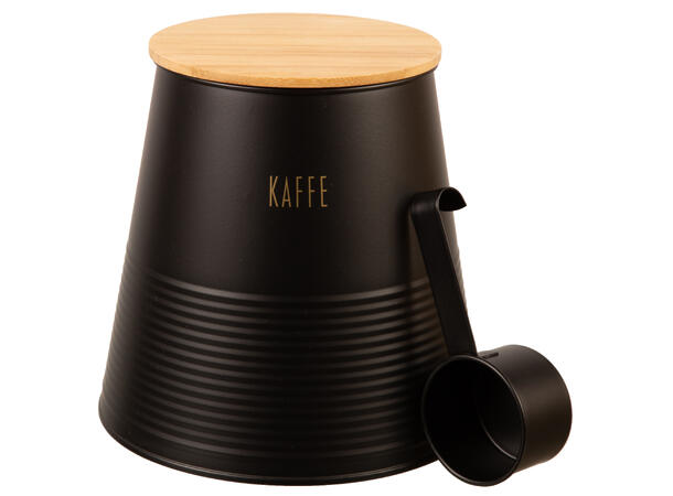 Boks Kaffe sort metall m/skje/bambuslokk h:17,5cm 